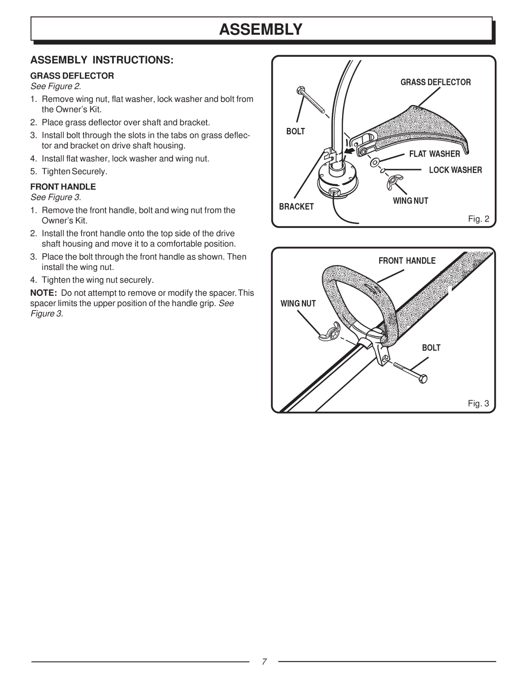 Homelite UT70121, F2020 manual Assembly Instructions, See Figure, Bolt 