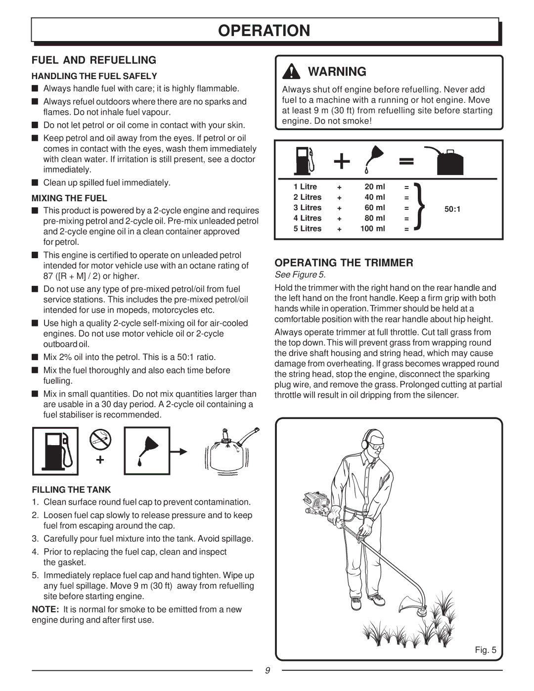 Homelite UT70121 Fuel and Refuelling, Operating the Trimmer, Handling the Fuel Safely, Mixing the Fuel, Filling the Tank 