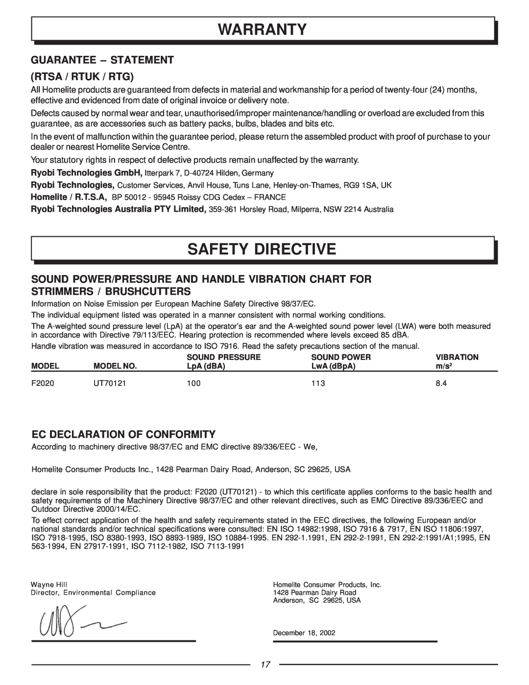 Homelite UT70121, F2020 manual Warranty, Safety Directive, Guarantee - Statement Rtsa / Rtuk / Rtg, Strimmers / Brushcutters 