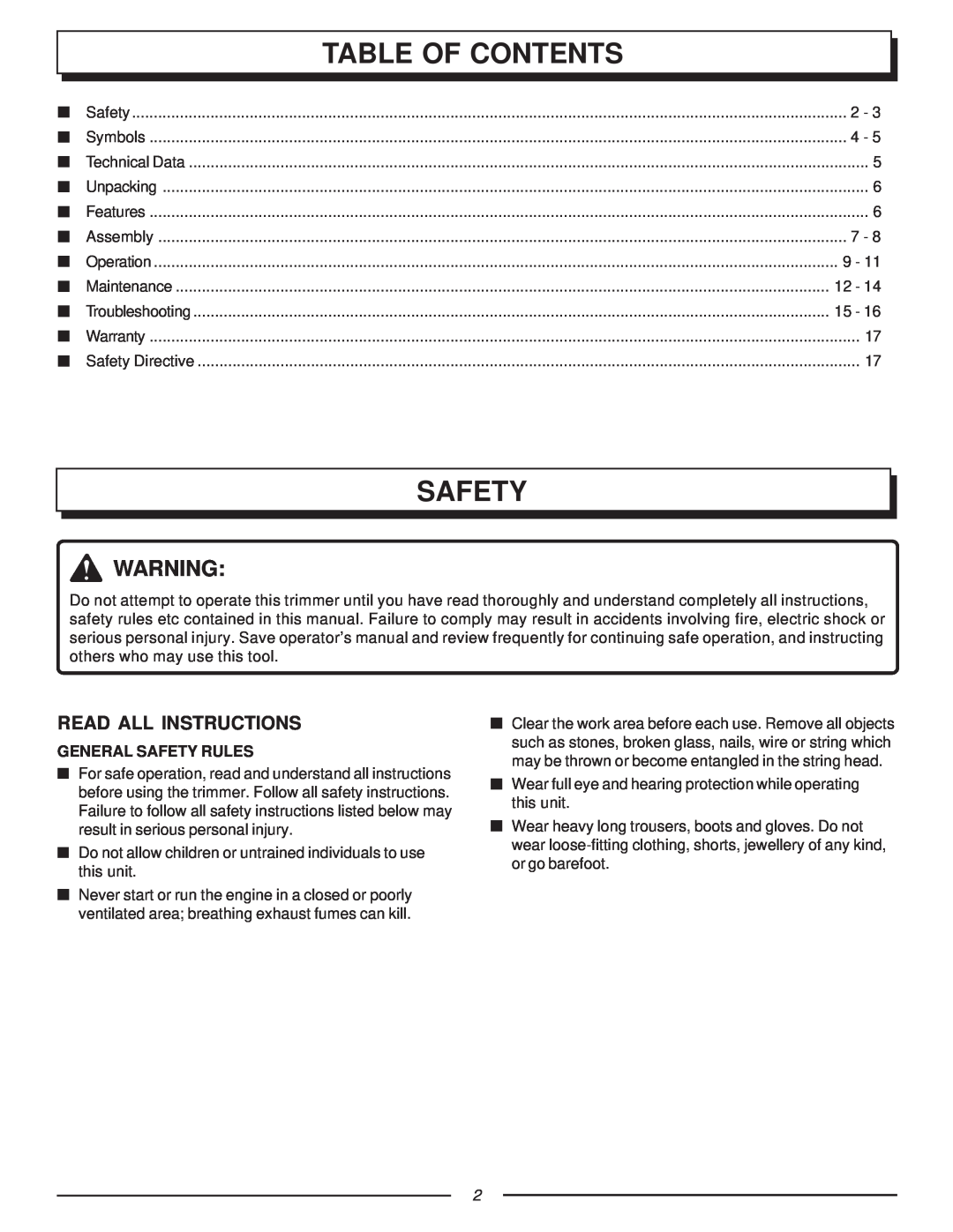 Homelite F2020, UT70121 manual Table Of Contents, Read All Instructions, General Safety Rules 