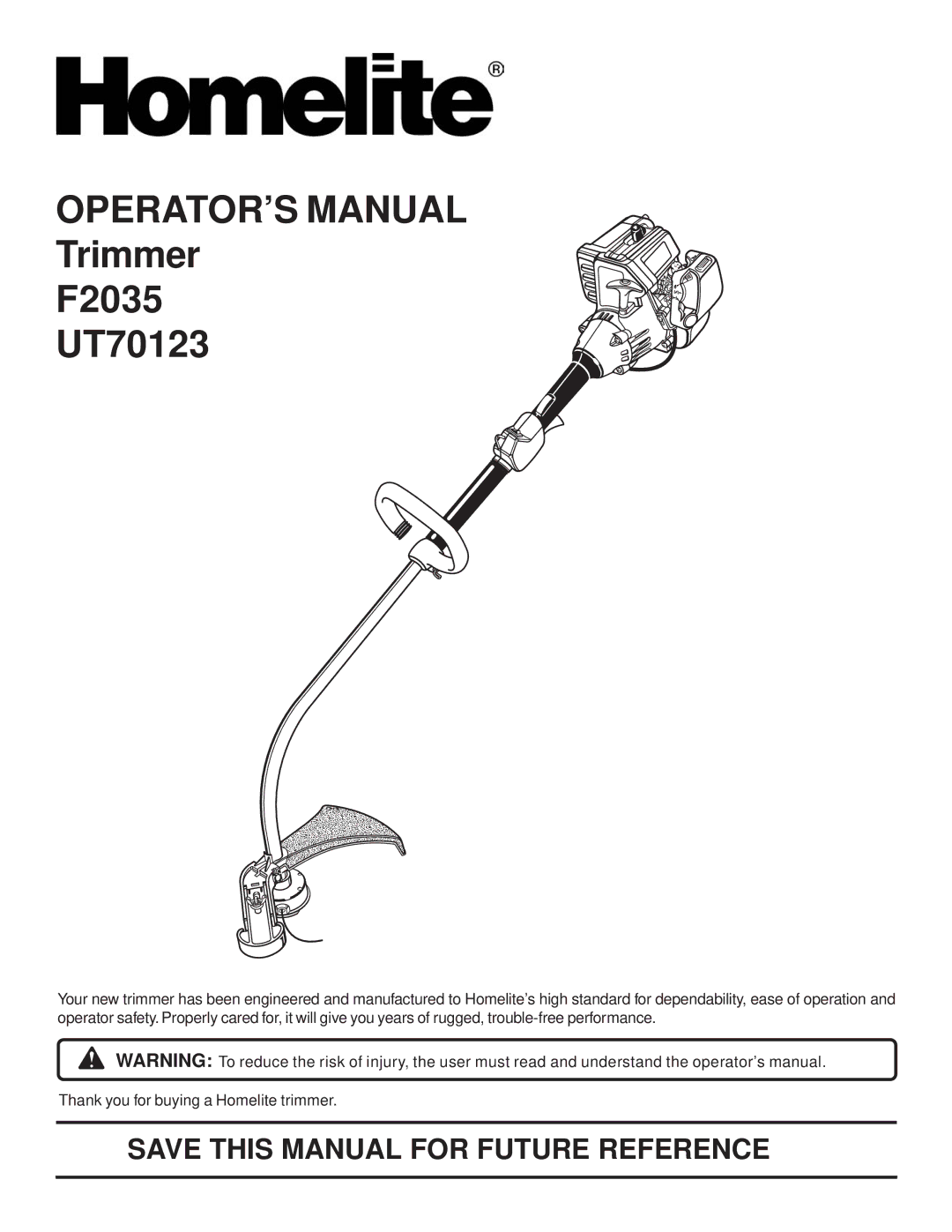 Homelite UT70123, F2035 manual OPERATOR’S Manual 