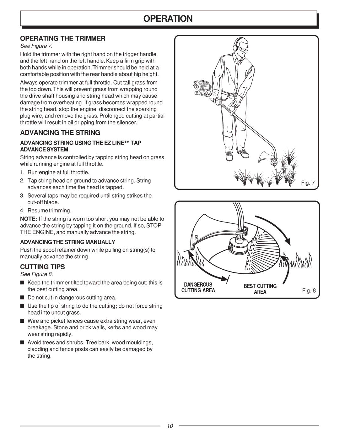 Homelite F2035, UT70123 manual Operating the Trimmer, Cutting Tips, Advancing the String Manually 