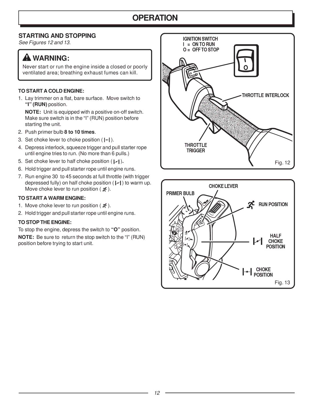Homelite F2035 Starting and Stopping, To Start a Cold Engine, To Start a Warm Engine, To Stop the Engine, Ignition Switch 