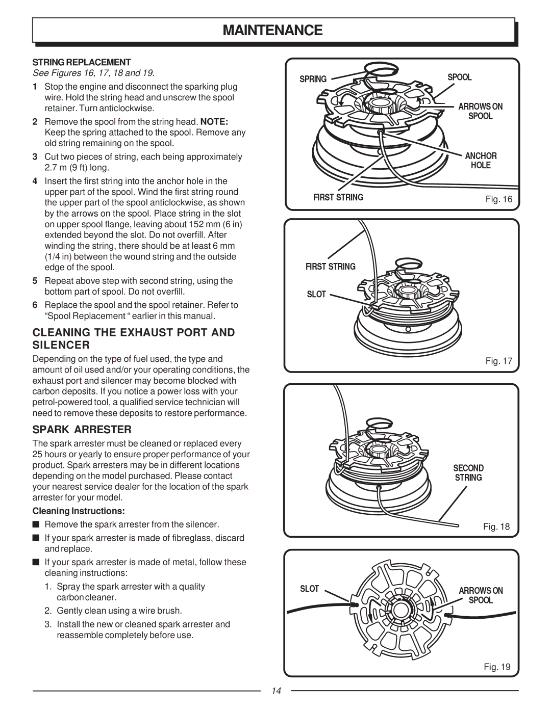 Homelite F2035, UT70123 Cleaning the Exhaust Port and Silencer, Spark Arrester, String Replacement, Second String Slot 