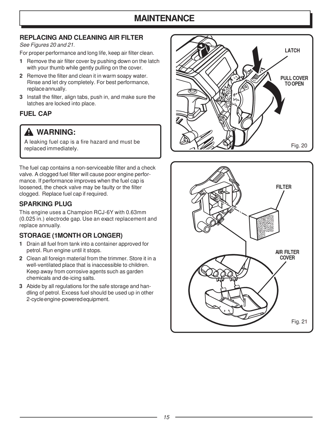 Homelite UT70123, F2035 manual Replacing and Cleaning AIR Filter, Fuel CAP, Sparking Plug, Storage 1MONTH or Longer 