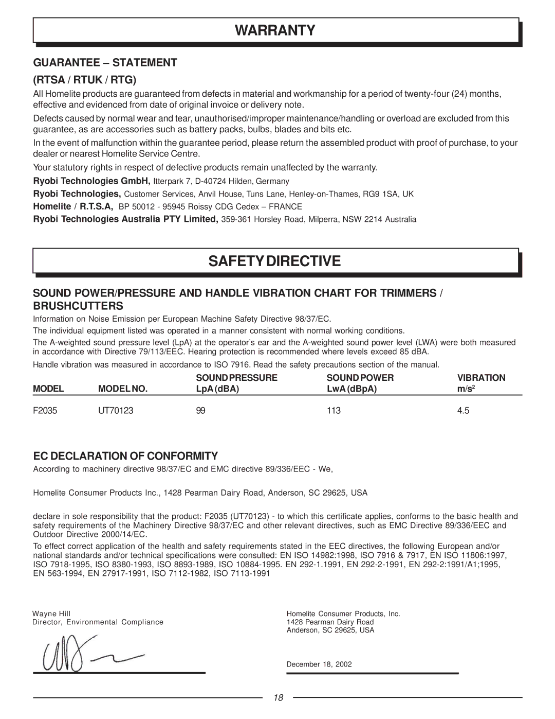 Homelite F2035, UT70123 Warranty, Safety Directive, Guarantee Statement Rtsa / Rtuk / RTG, EC Declaration of Conformity 