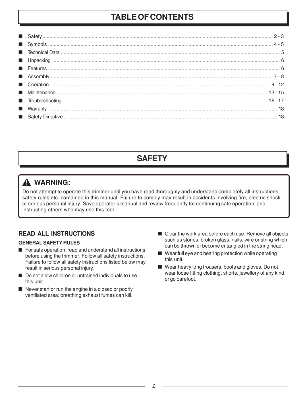 Homelite F2035, UT70123 manual Safety, Table of Contents 