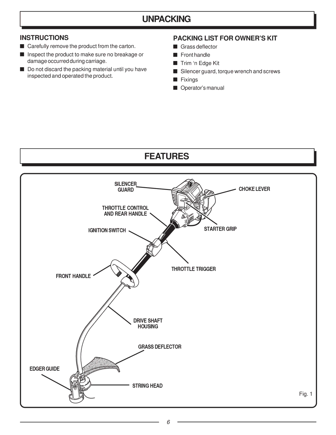 Homelite F2035, UT70123 manual Unpacking, Features, Instructions, Packing List for OWNER’S KIT 