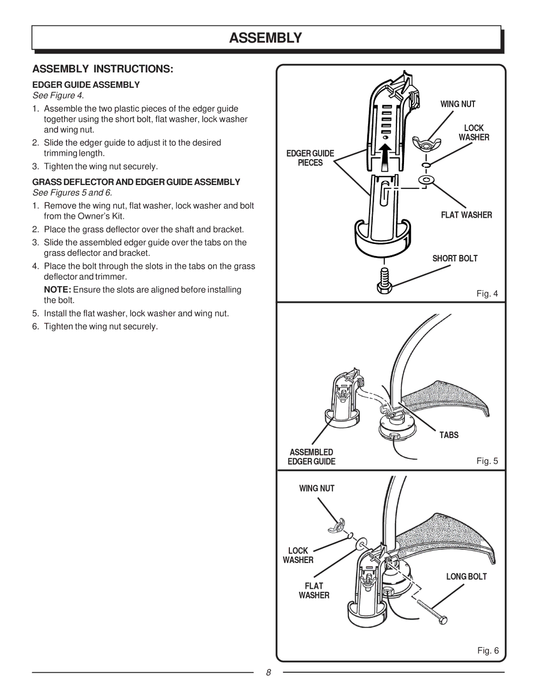 Homelite F2035, UT70123 manual Assembly Instructions, Edger Guide Assembly, Wing NUT Lock Washer Long Bolt Flat 