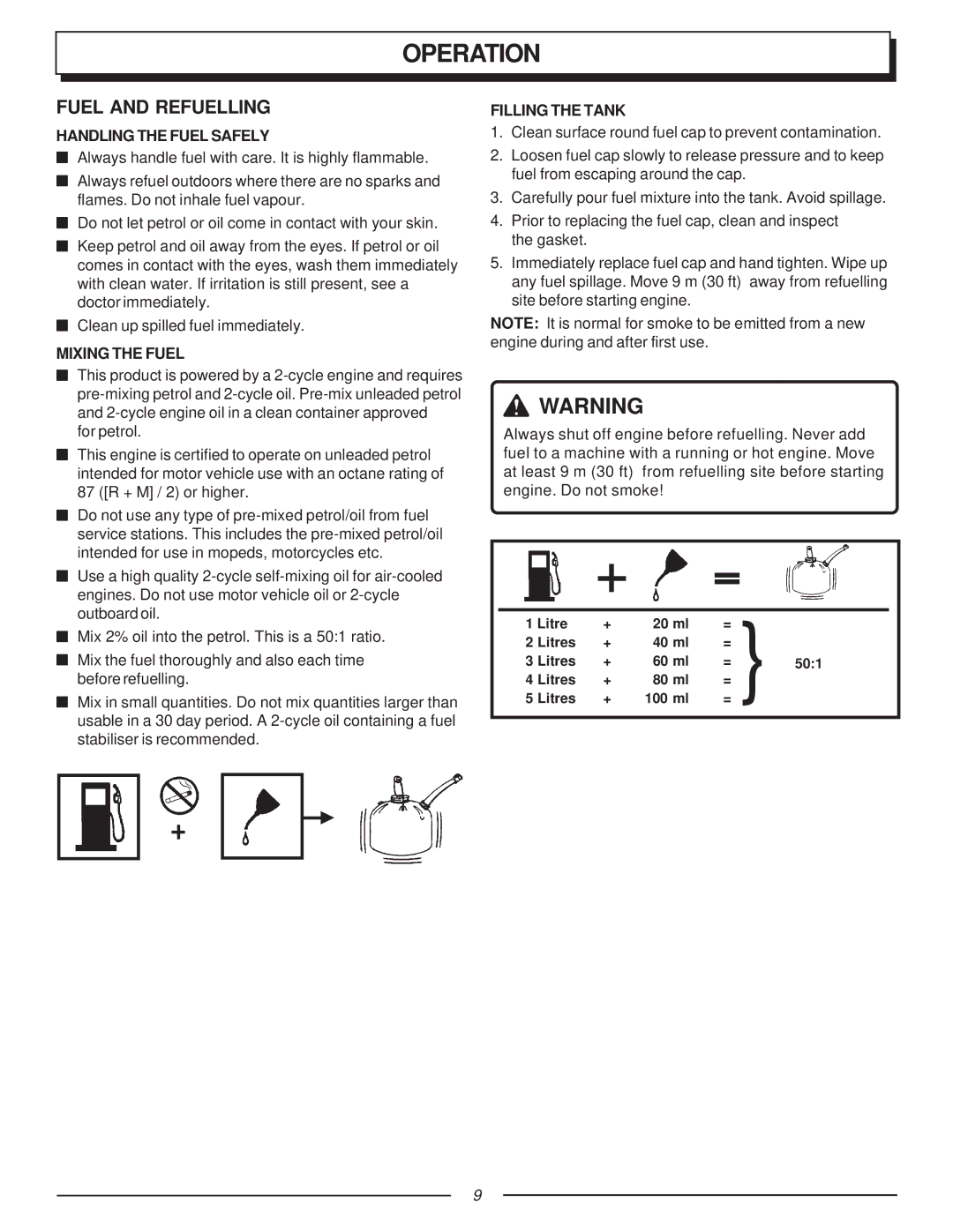 Homelite UT70123, F2035 manual Operation, Fuel and Refuelling, Handling the Fuel Safely, Mixing the Fuel, Filling the Tank 