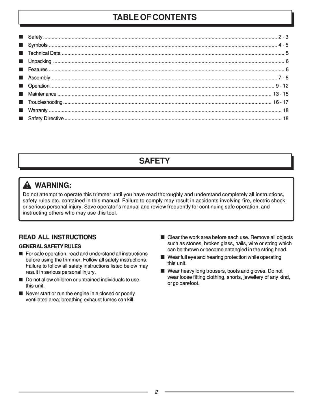 Homelite F2035, UT70123 manual Read All Instructions, General Safety Rules, Table Of Contents 