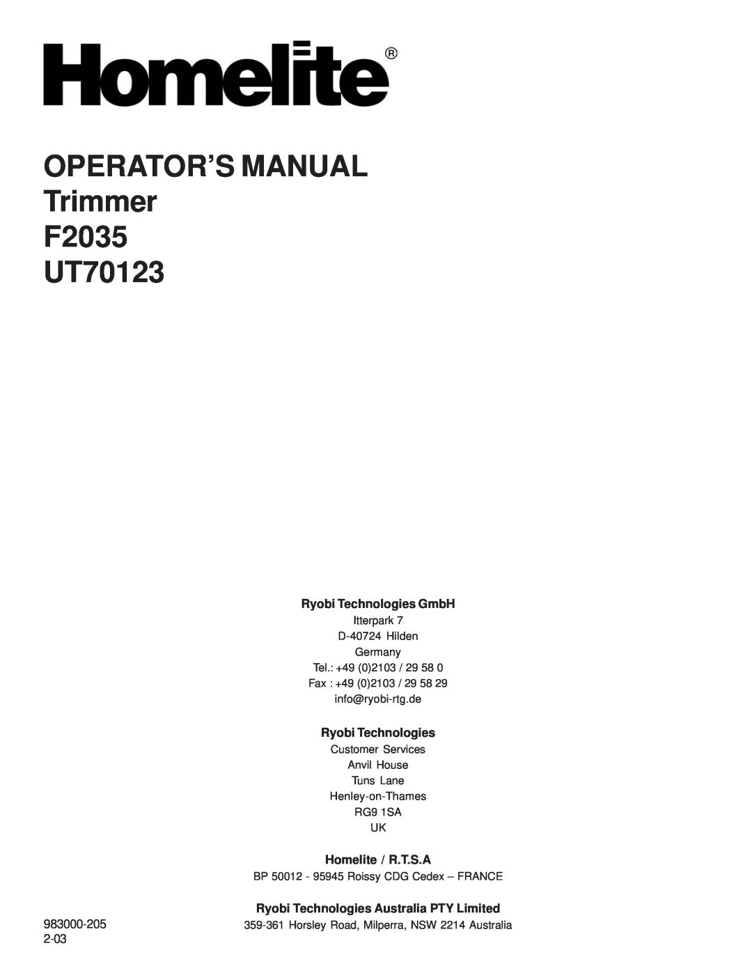 Homelite manual Ryobi Technologies GmbH, OPERATOR’S MANUAL Trimmer F2035 UT70123, Homelite / R.T.S.A 