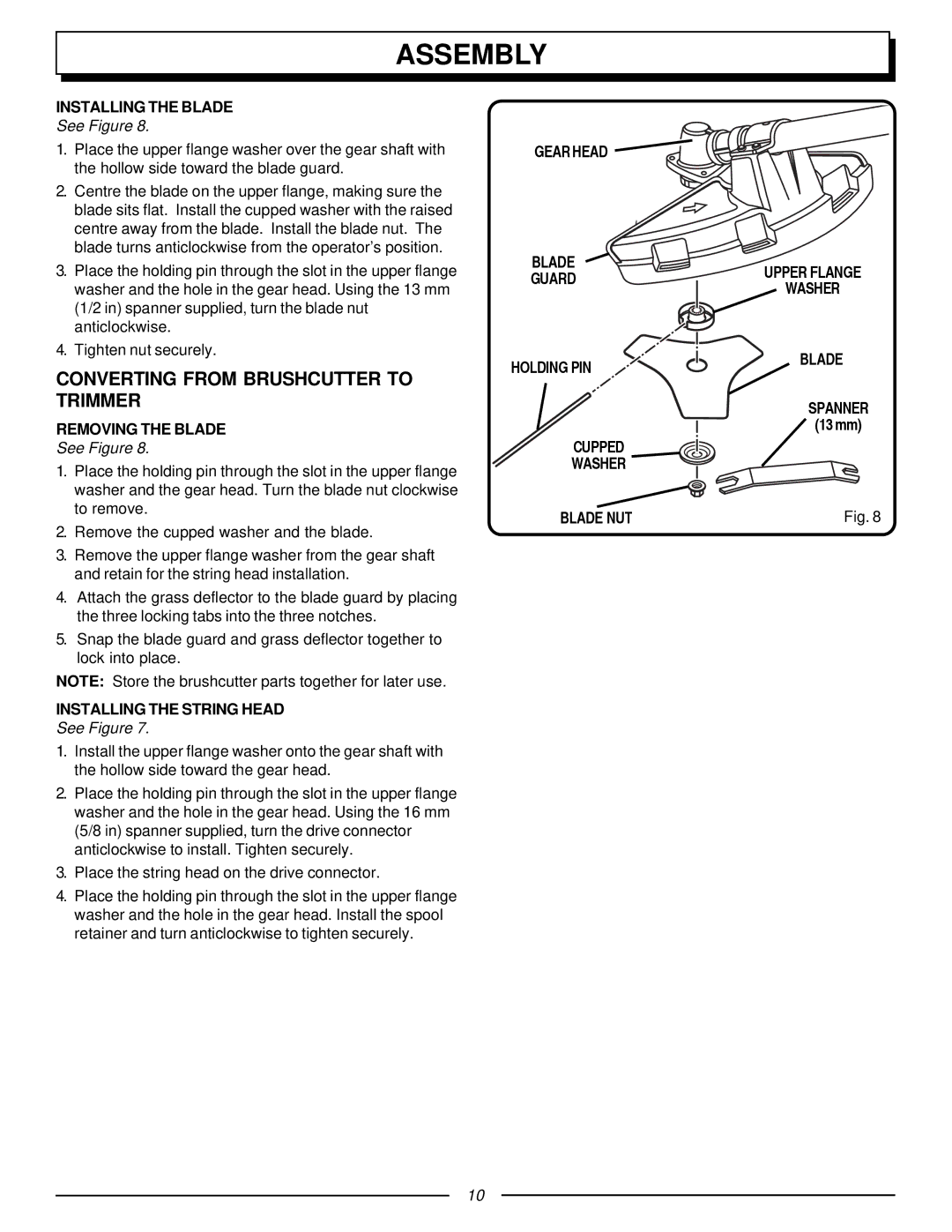 Homelite F3040, UT70131 manual Converting from Brushcutter to Trimmer, Installing the Blade, Removing the Blade 