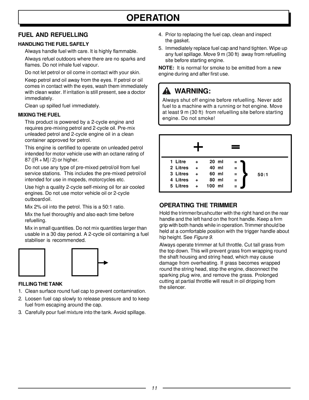Homelite UT70131, F3040 manual Operation, Fuel and Refuelling, Operating the Trimmer 