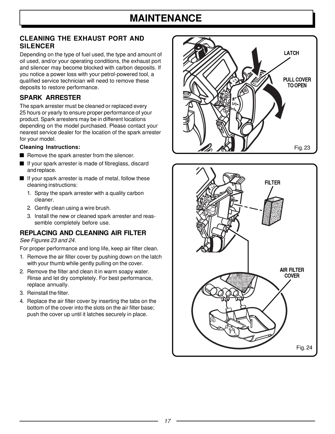 Homelite UT70131, F3040 manual Cleaning the Exhaust Port and Silencer, Spark Arrester, Replacing and Cleaning AIR Filter 