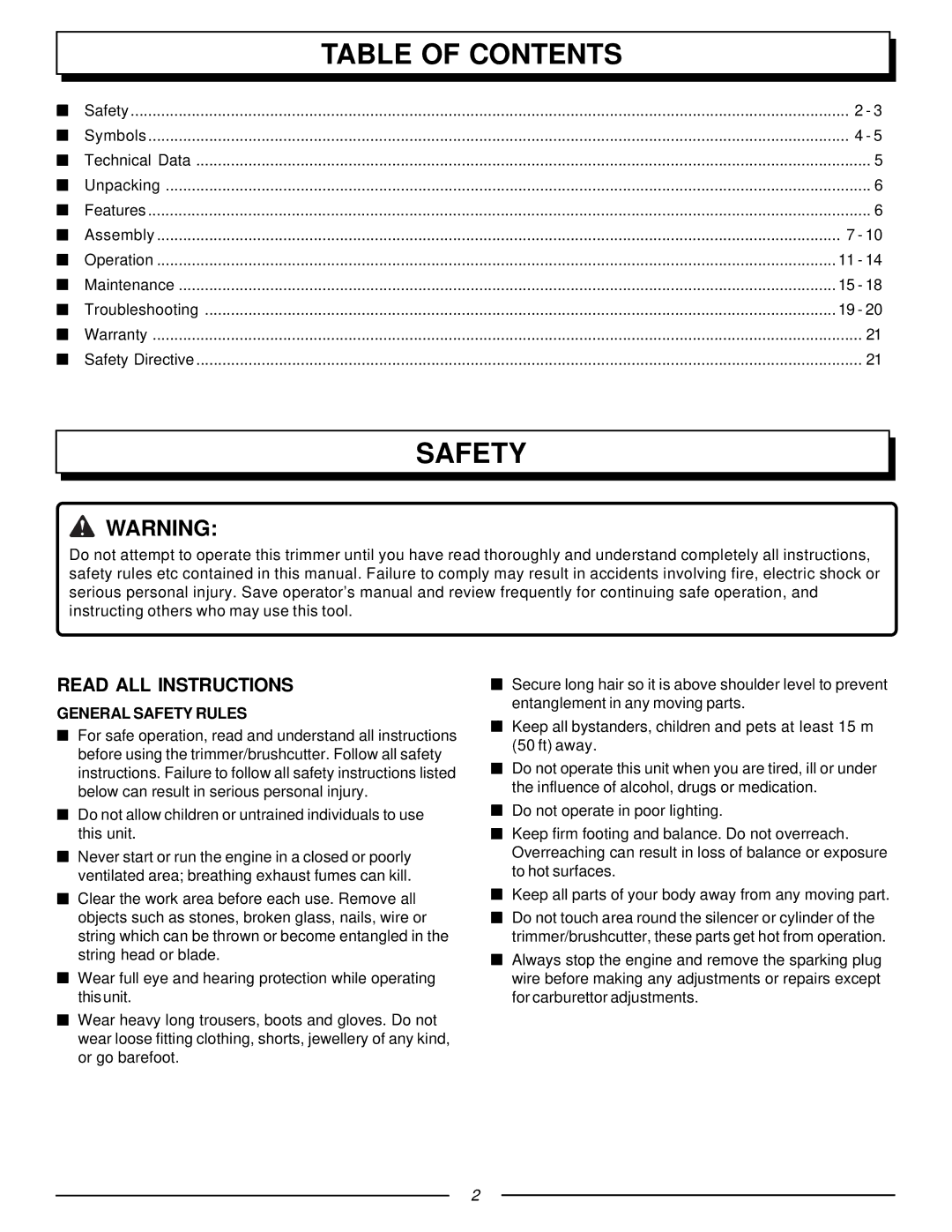 Homelite F3040, UT70131 manual Table of Contents, Safety 