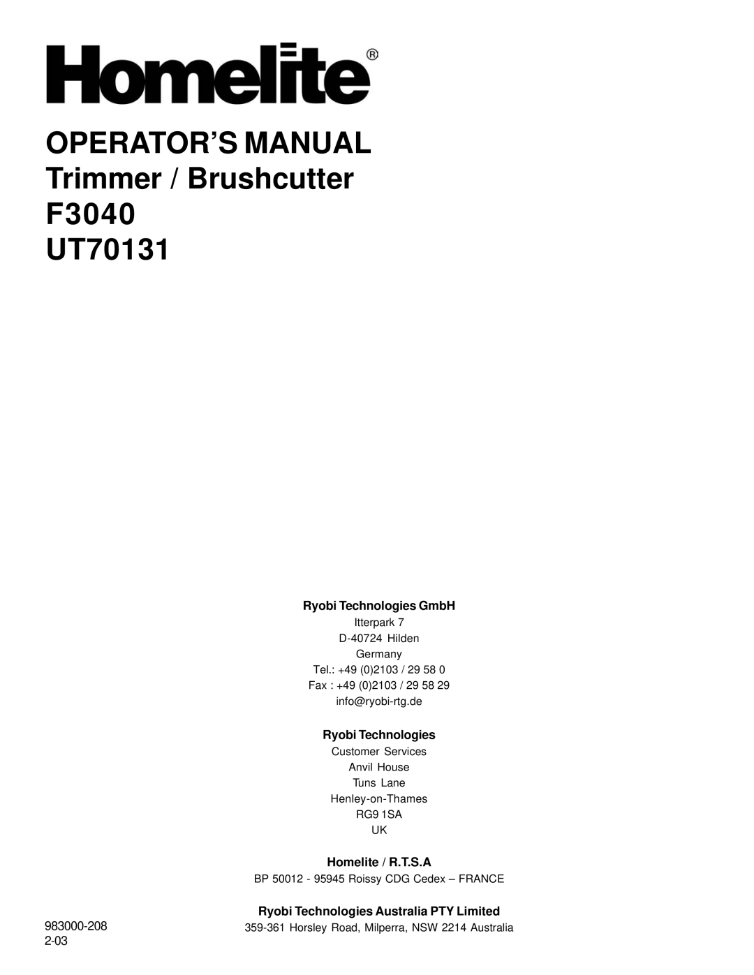 Homelite F3040, UT70131 manual Ryobi Technologies GmbH 