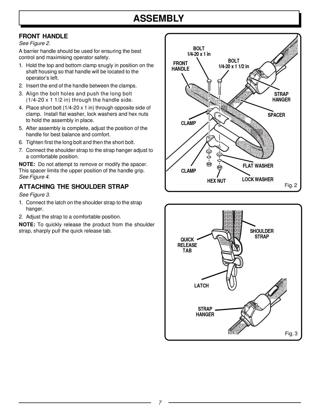 Homelite UT70131, F3040 manual Assembly, Front Handle, Attaching the Shoulder Strap 