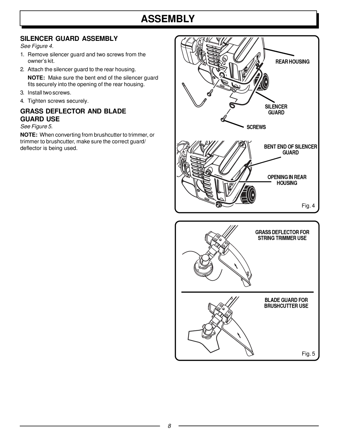 Homelite F3040, UT70131 manual Silencer Guard Assembly, Grass Deflector and Blade Guard USE 