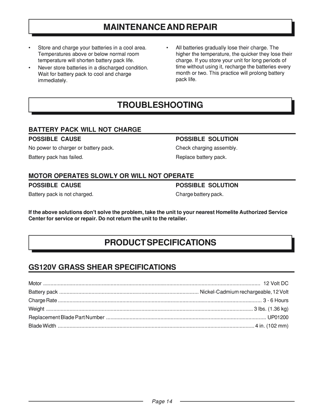 Homelite manual Maintenanceand Repair, Troubleshooting, Product Specifications, GS120V Grass Shear Specifications 