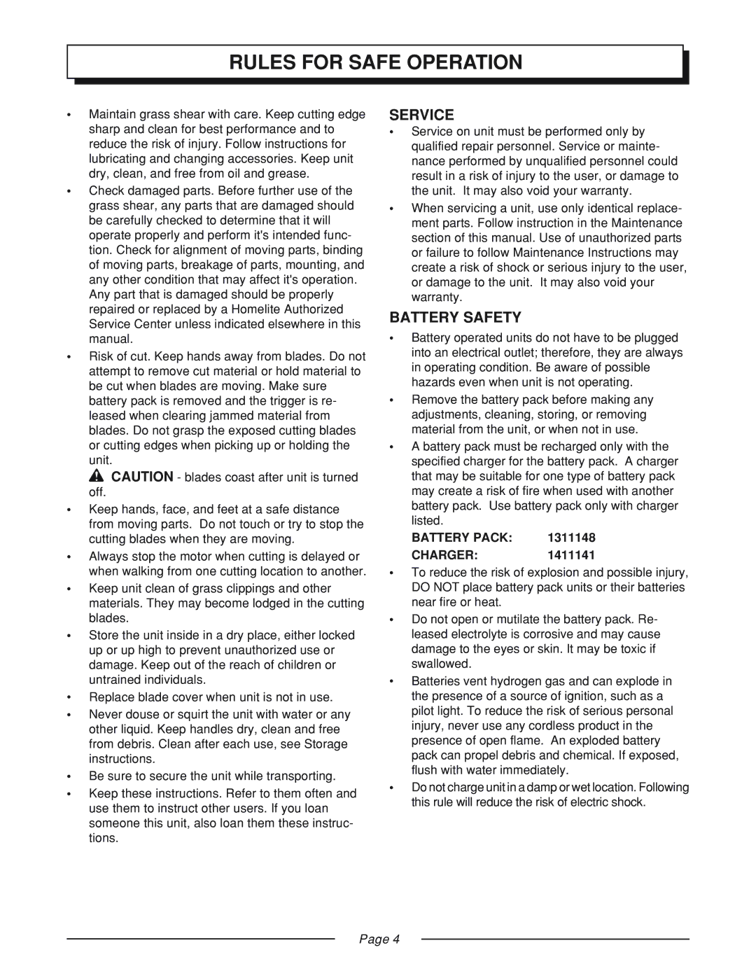 Homelite GS120V manual Service, Battery Safety 