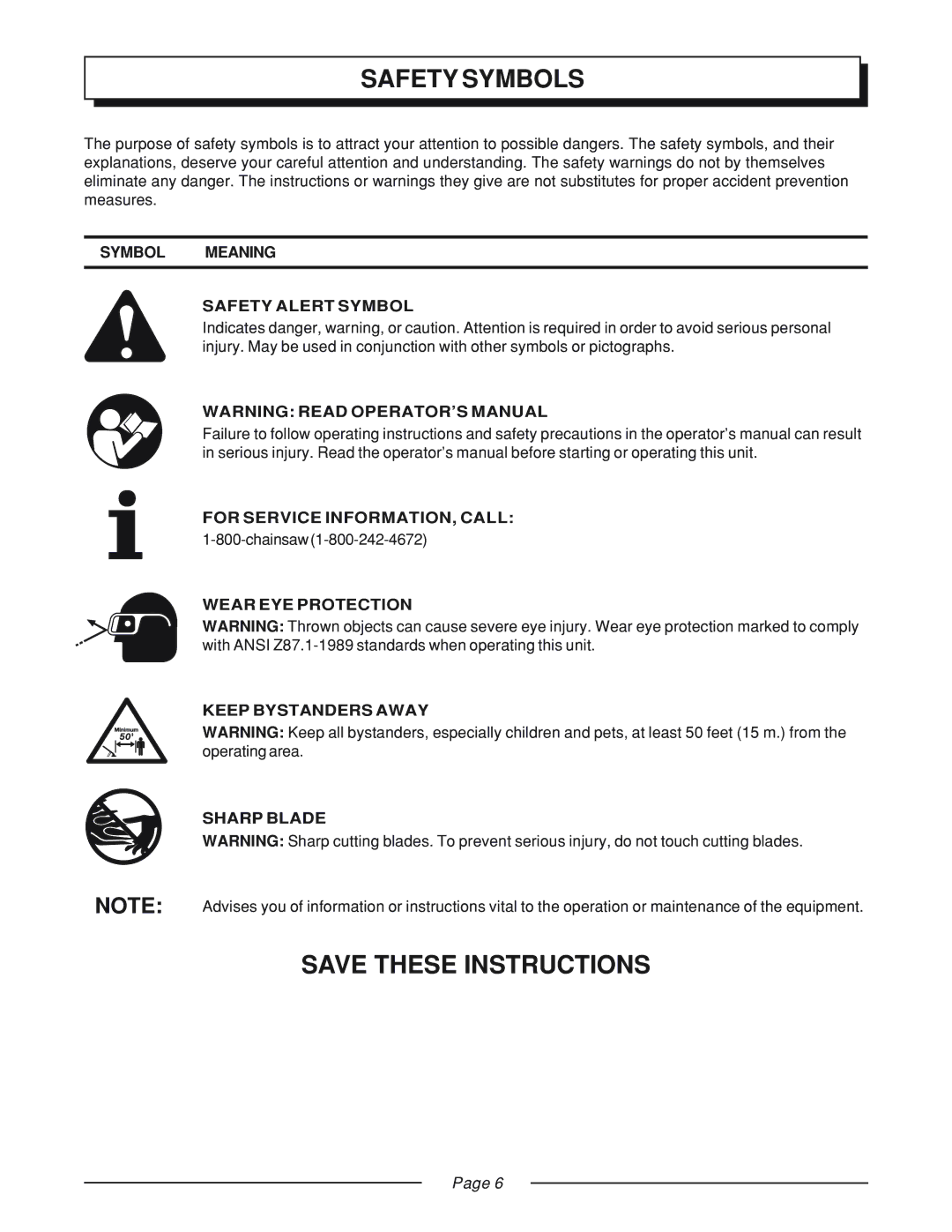 Homelite GS120V manual Safety Symbols 