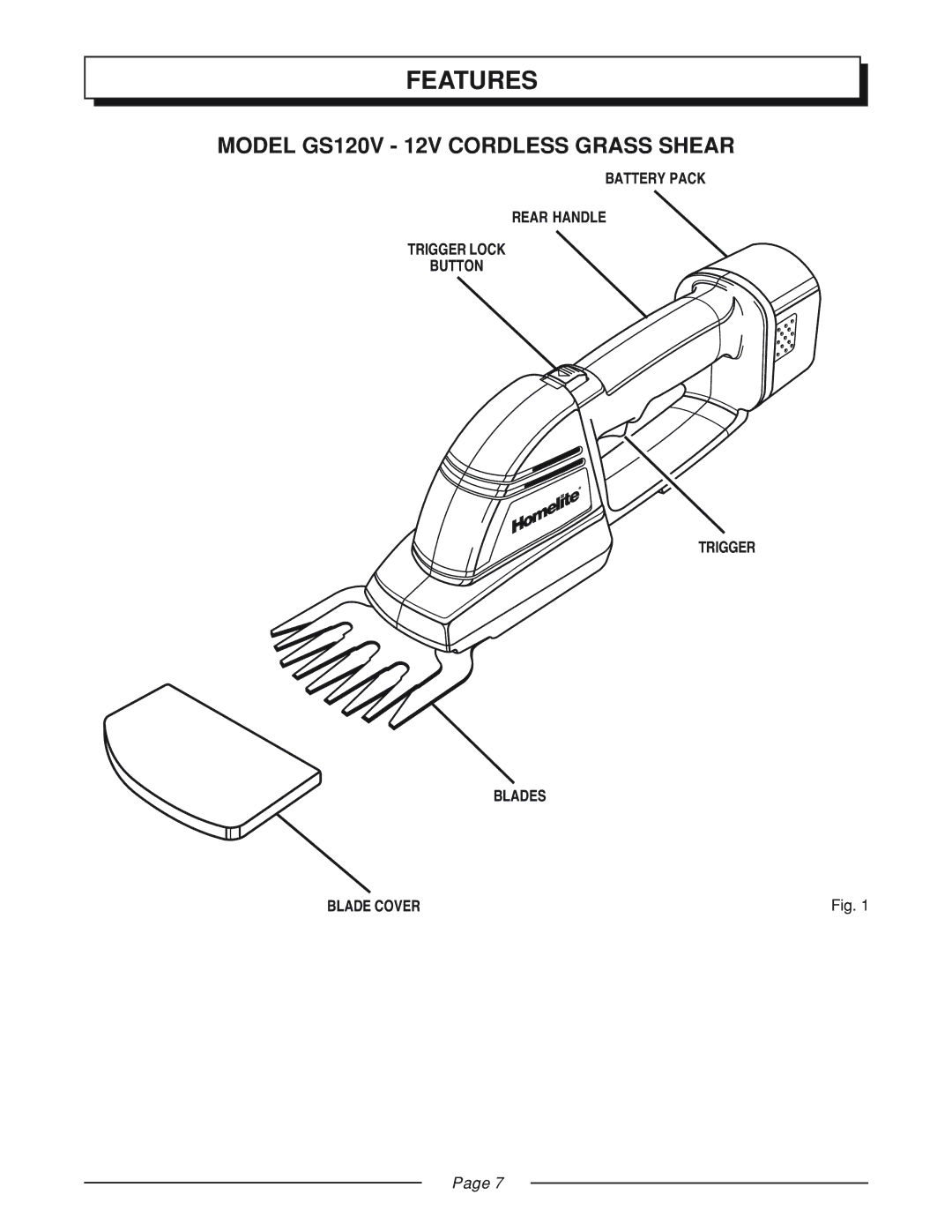 Homelite manual Features, Model GS120V 12V Cordless Grass Shear 