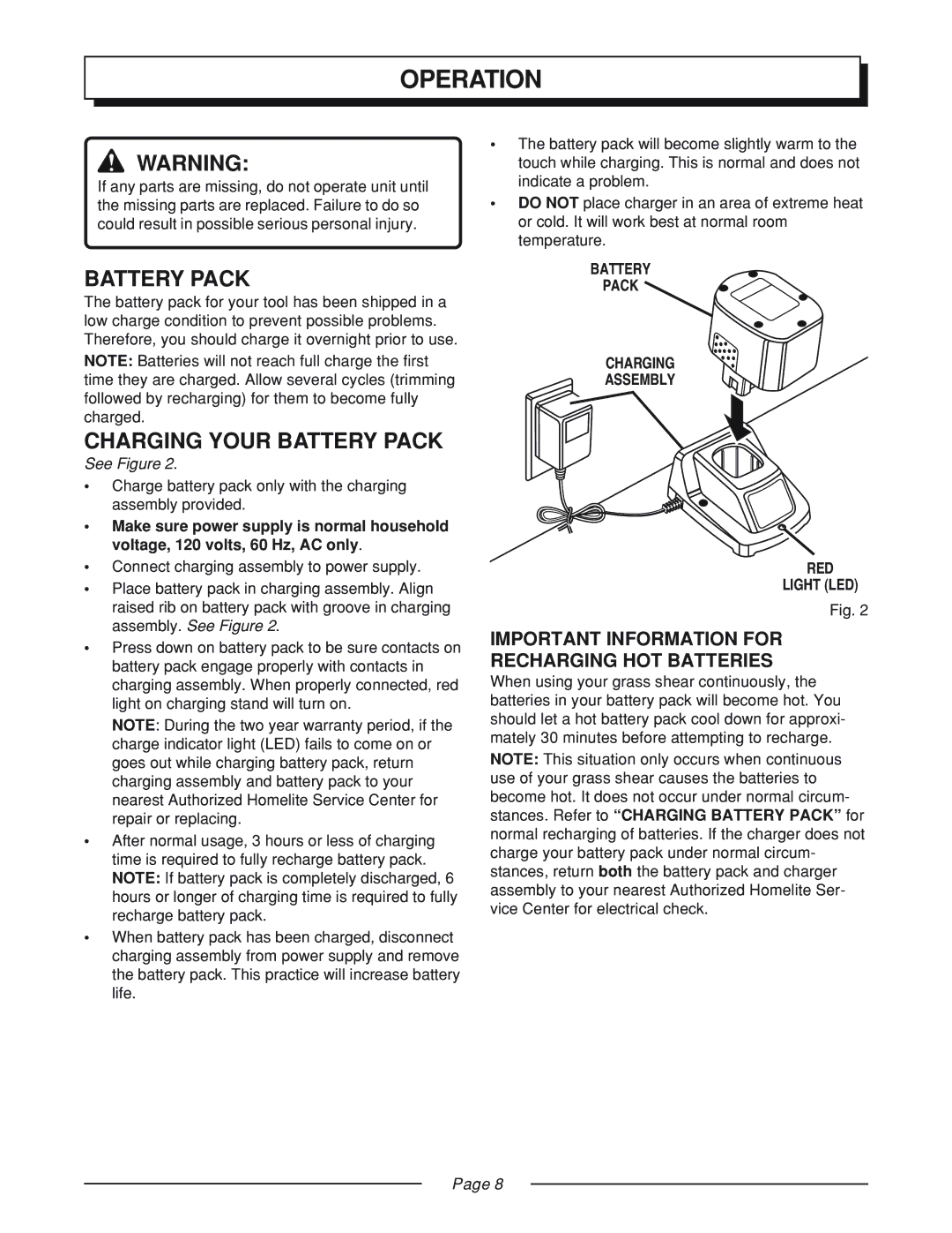 Homelite GS120V manual Operation, Charging Your Battery Pack, Important Information for Recharging HOT Batteries 