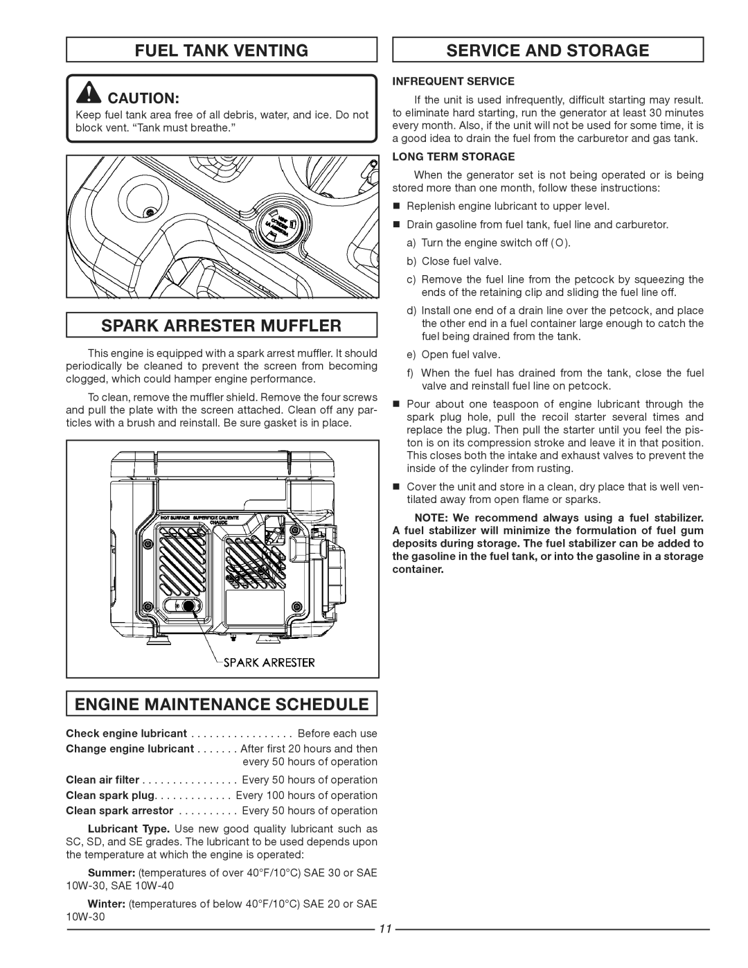 Homelite HG1800 Fuel tank venting Service and storage, Spark arrester muffler, Engine maintenance schedule 