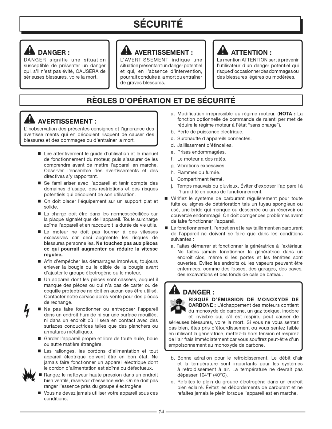 Homelite HG1800 manuel dutilisation Règles D’OPÉRATION ET DE Sécurité, Avertissement 