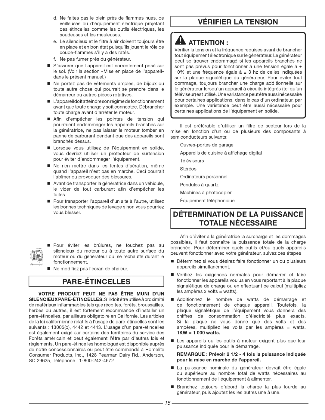 Homelite HG1800 Pare-Étincelles, Vérifier LA Tension, Détermination DE LA Puissance Totale Nécessaire, 1KW = 1 000 watts 