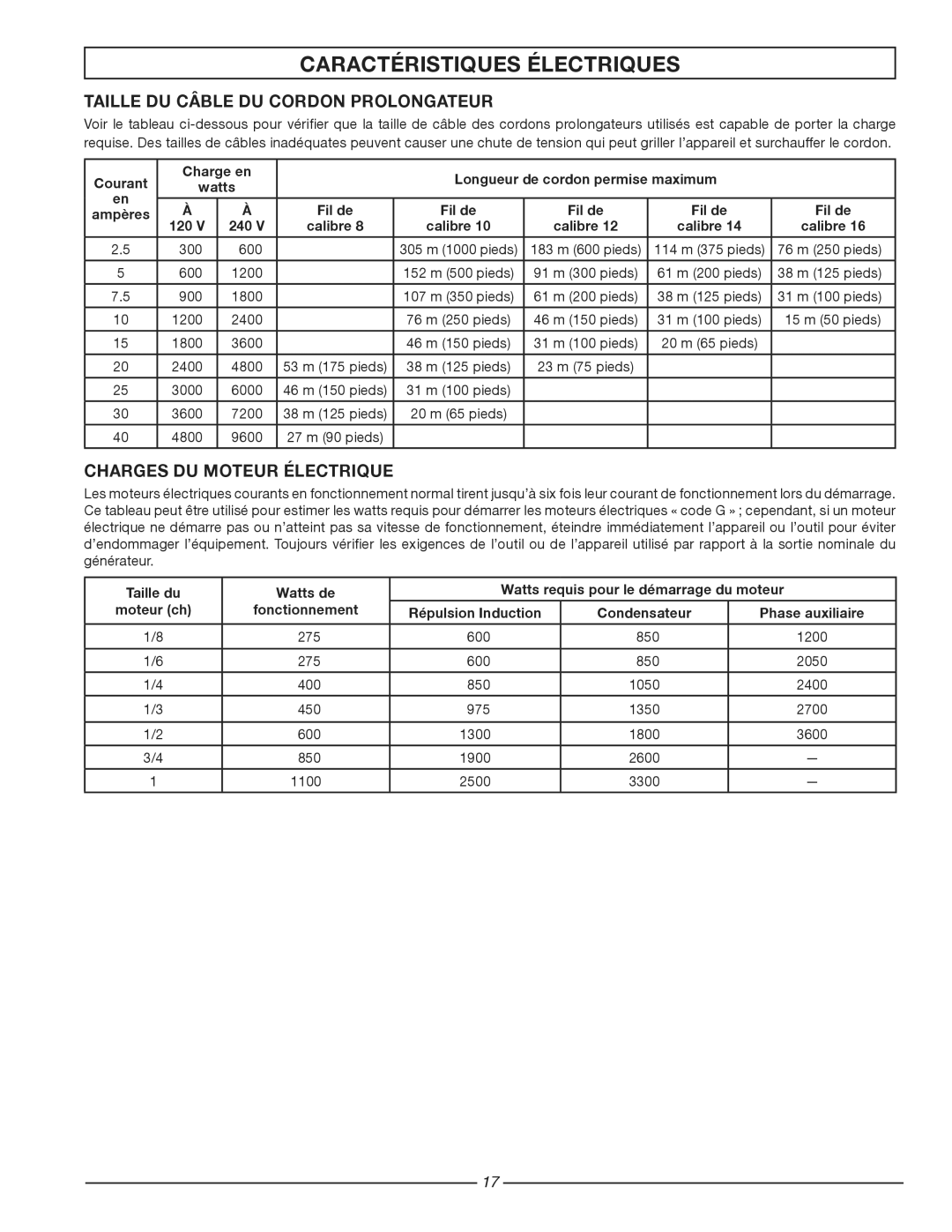 Homelite HG1800 manuel dutilisation Taille du câble du cordon prolongateur, 120 240 Calibre 