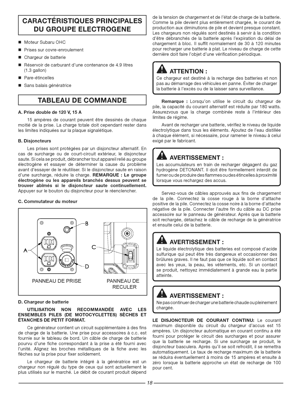 Homelite HG1800 Caractéristiques Principales DU Groupe Electrogene, Tableau DE Commande, Prise double de 120 V, 15 a 