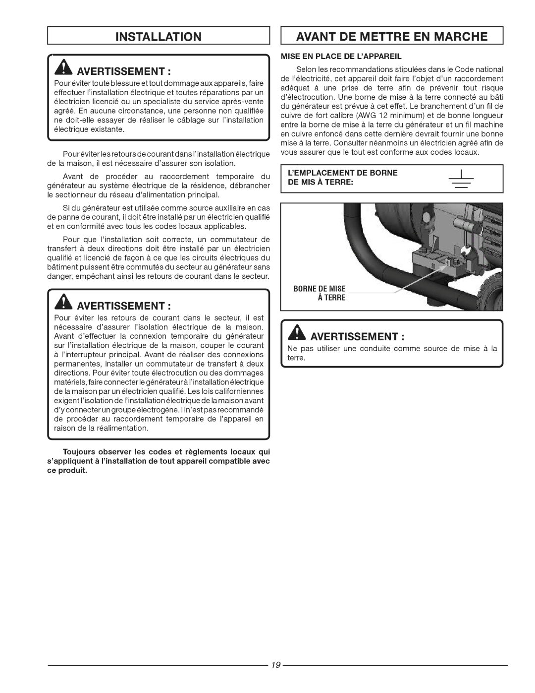 Homelite HG1800 Installation, Avant DE Mettre EN Marche, Mise EN Place DE L’APPAREIL, ’EMPLACEMENT DE Borne DE MIS À Terre 