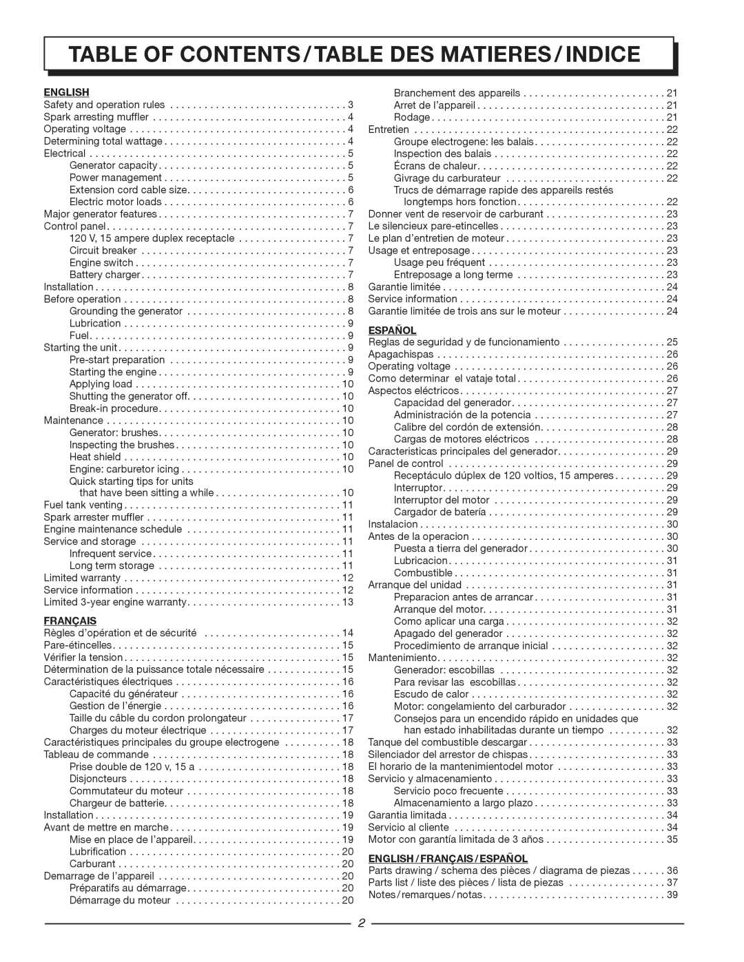 Homelite HG1800 manuel dutilisation Table of contents / TABLE DES MATIERES / INDICE 