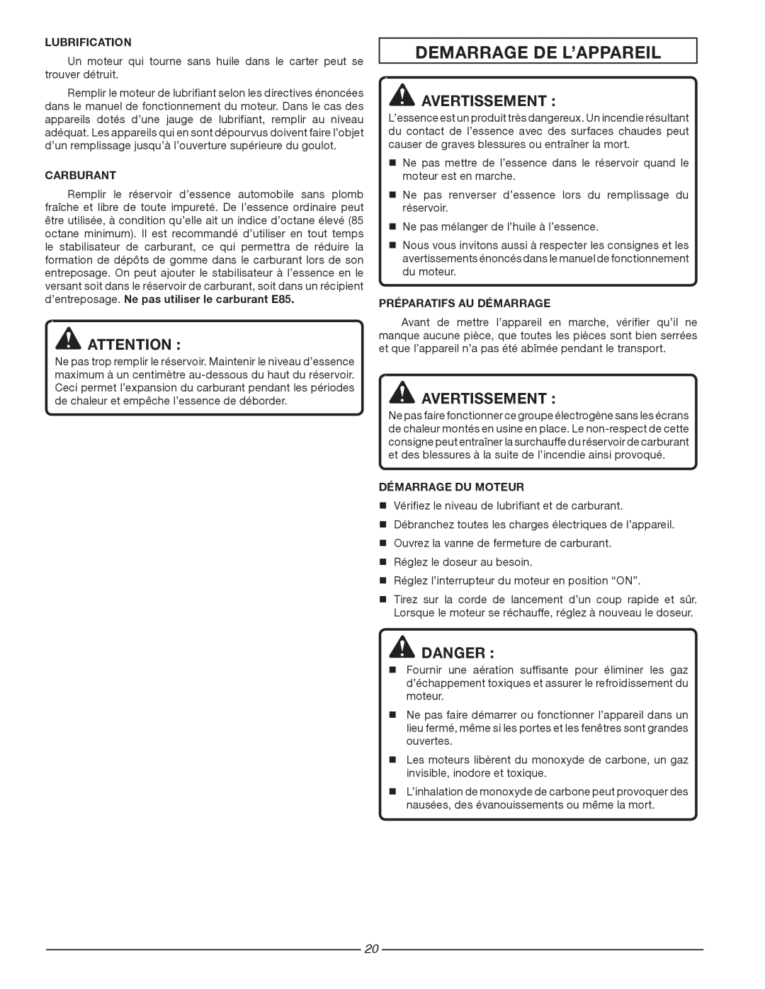 Homelite HG1800 Demarrage DE L’APPAREIL, Lubrification, Carburant, Préparatifs AU Démarrage, Démarrage DU Moteur 