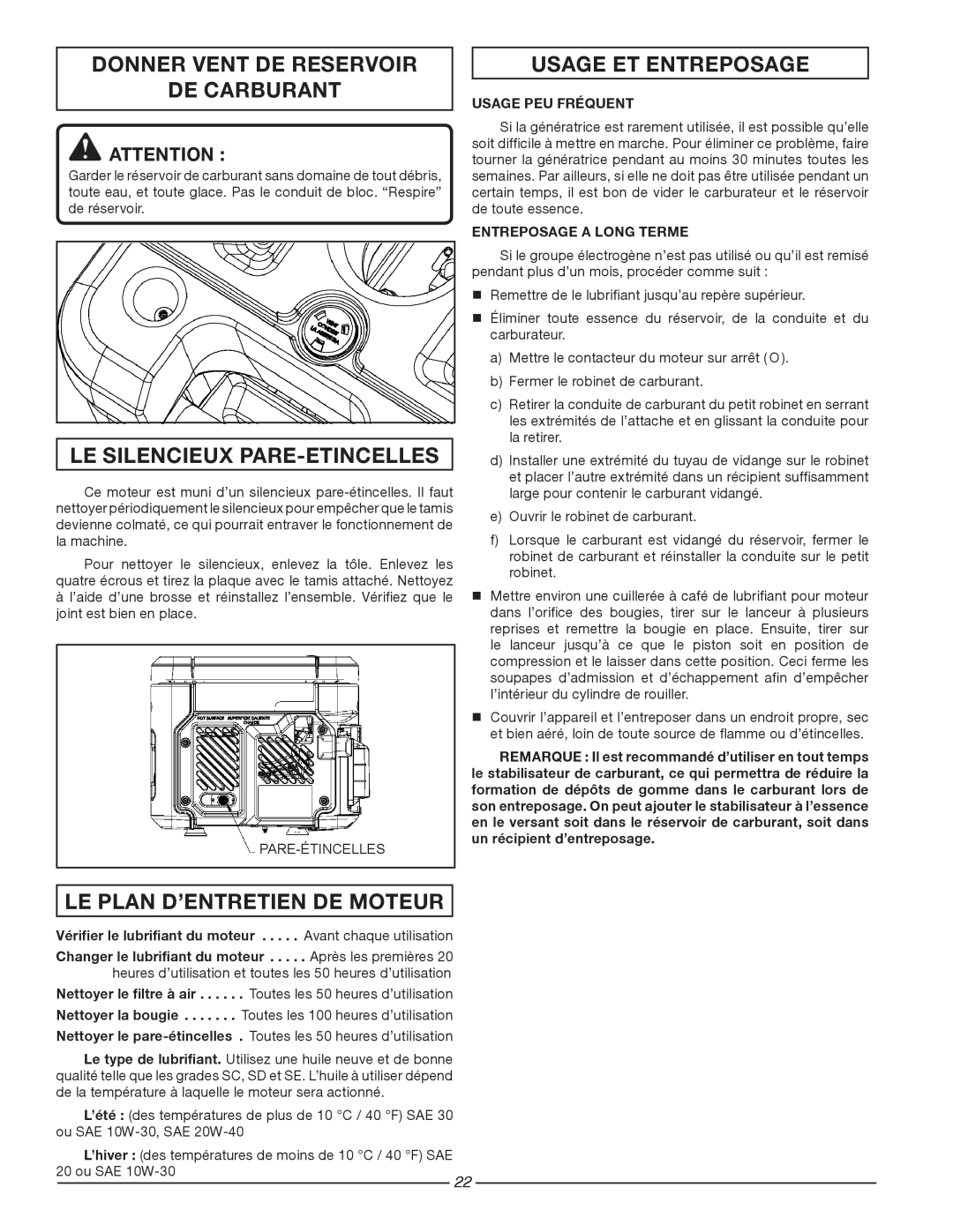 Homelite HG1800 Donner Vent DE Reservoir DE Carburant, LE Silencieux PARE-ETINCELLES, Usage ET Entreposage 