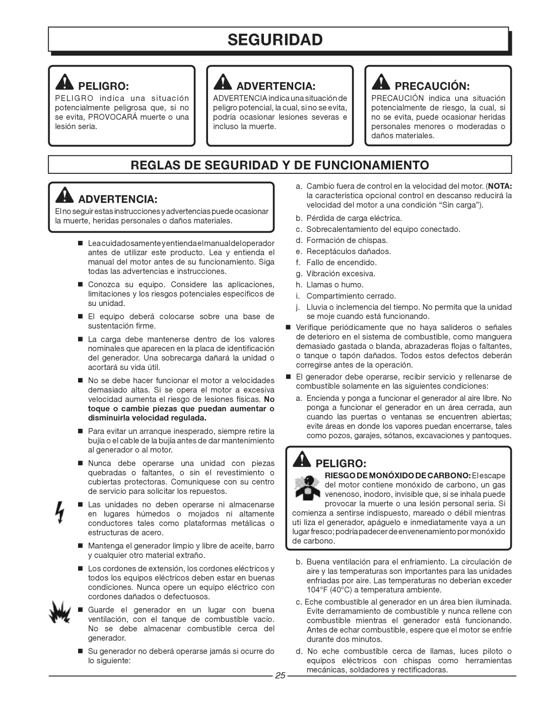 Homelite HG1800 manuel dutilisation Reglas DE Seguridad Y DE Funcionamiento, Peligro, Advertencia, Precaución 