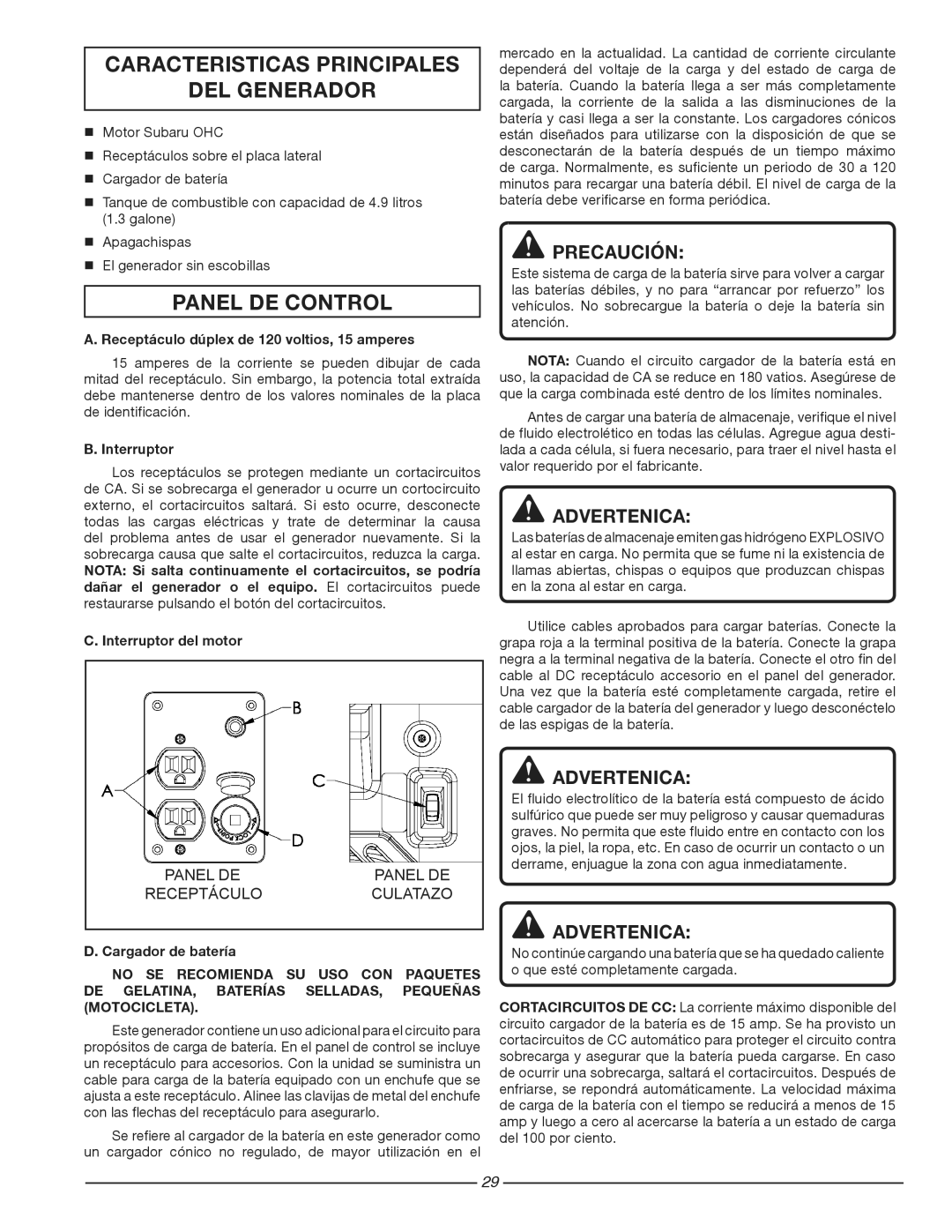 Homelite HG1800 manuel dutilisation Caracteristicas Principales DEL Generador, Panel de control, Advertenica, Interruptor 