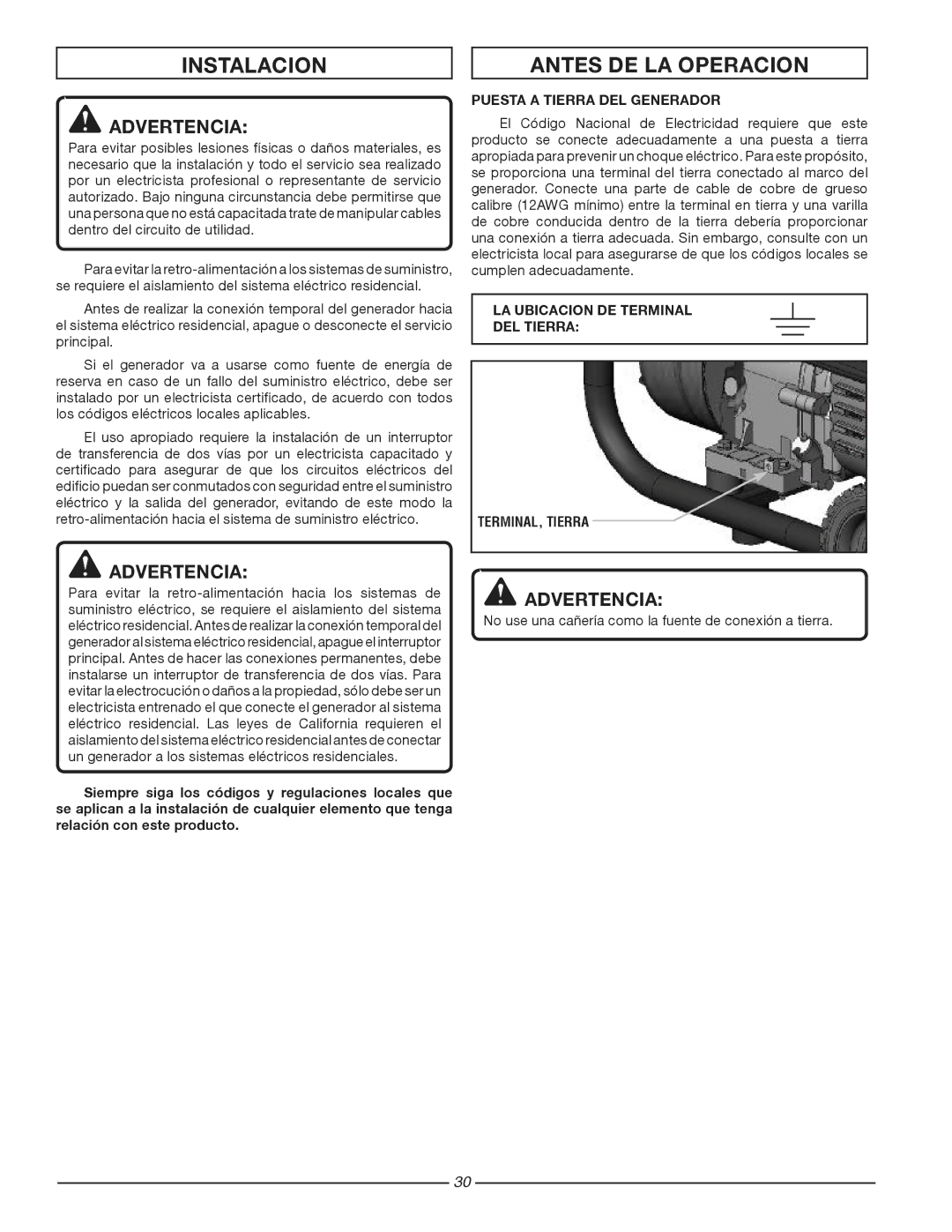 Homelite HG1800 Instalacion, Antes DE LA Operacion, Puesta a Tierra DEL Generador, LA Ubicacion DE Terminal DEL Tierra 