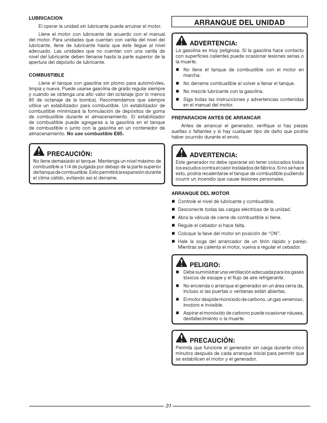 Homelite HG1800 Arranque DEL Unidad, Lubricacion, Combustible, Preparacion Antes DE Arrancar, Arranque DEL Motor 