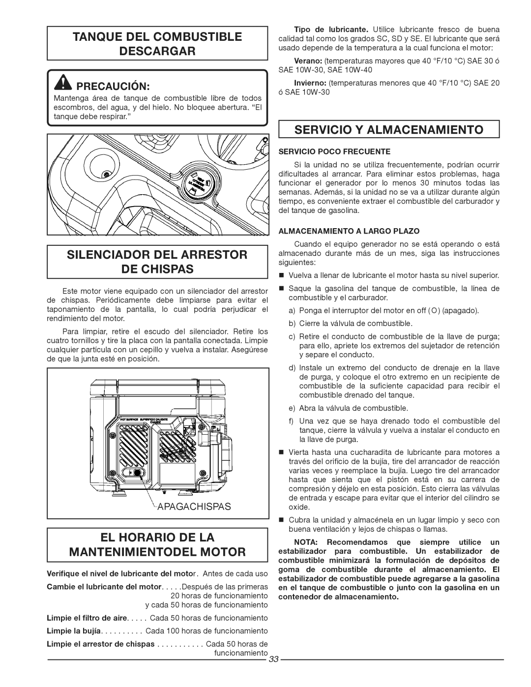 Homelite HG1800 Tanque DEL Combustible Descargar, EL Horario DE LA Mantenimientodel Motor, Servicio Poco Frecuente 