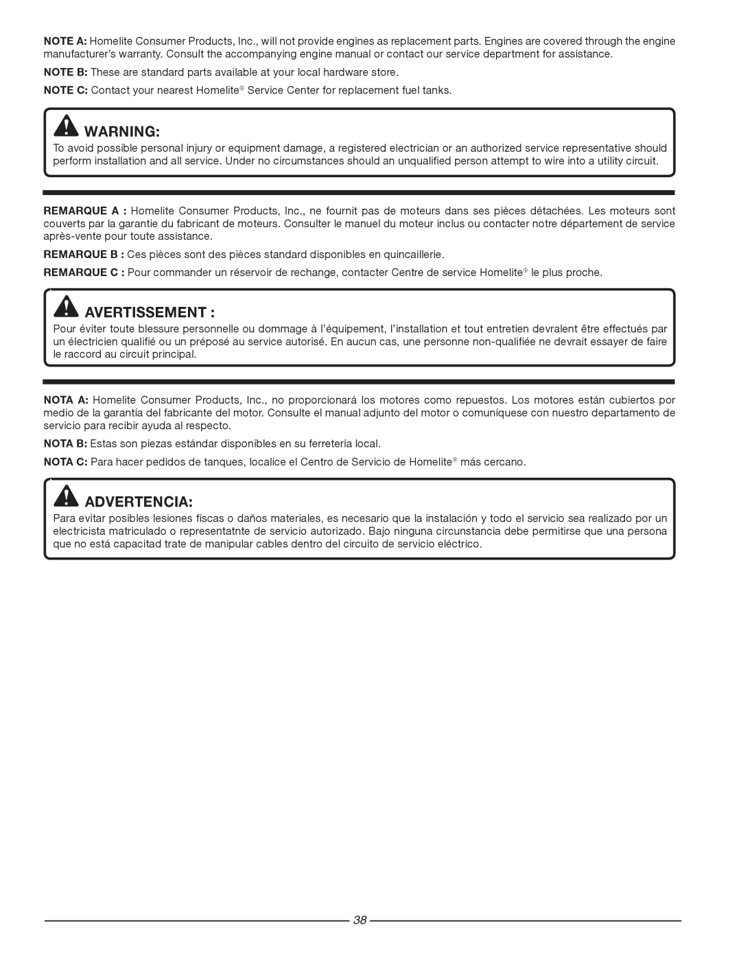 Homelite HG1800 manuel dutilisation Avertissement 