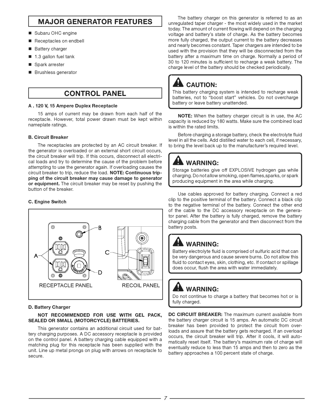 Homelite HG1800 manuel dutilisation Major generator features, Control panel 