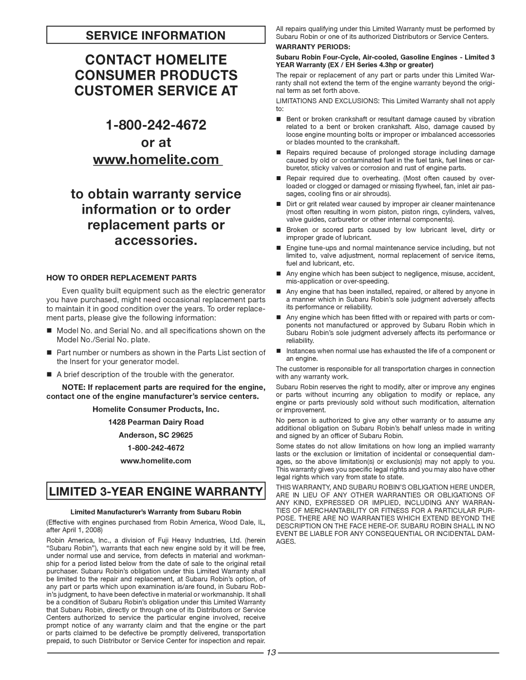 Homelite HG3510 Service information, Limited 3-year engine warranty, HOW to Order Replacement Parts, Warranty Periods 