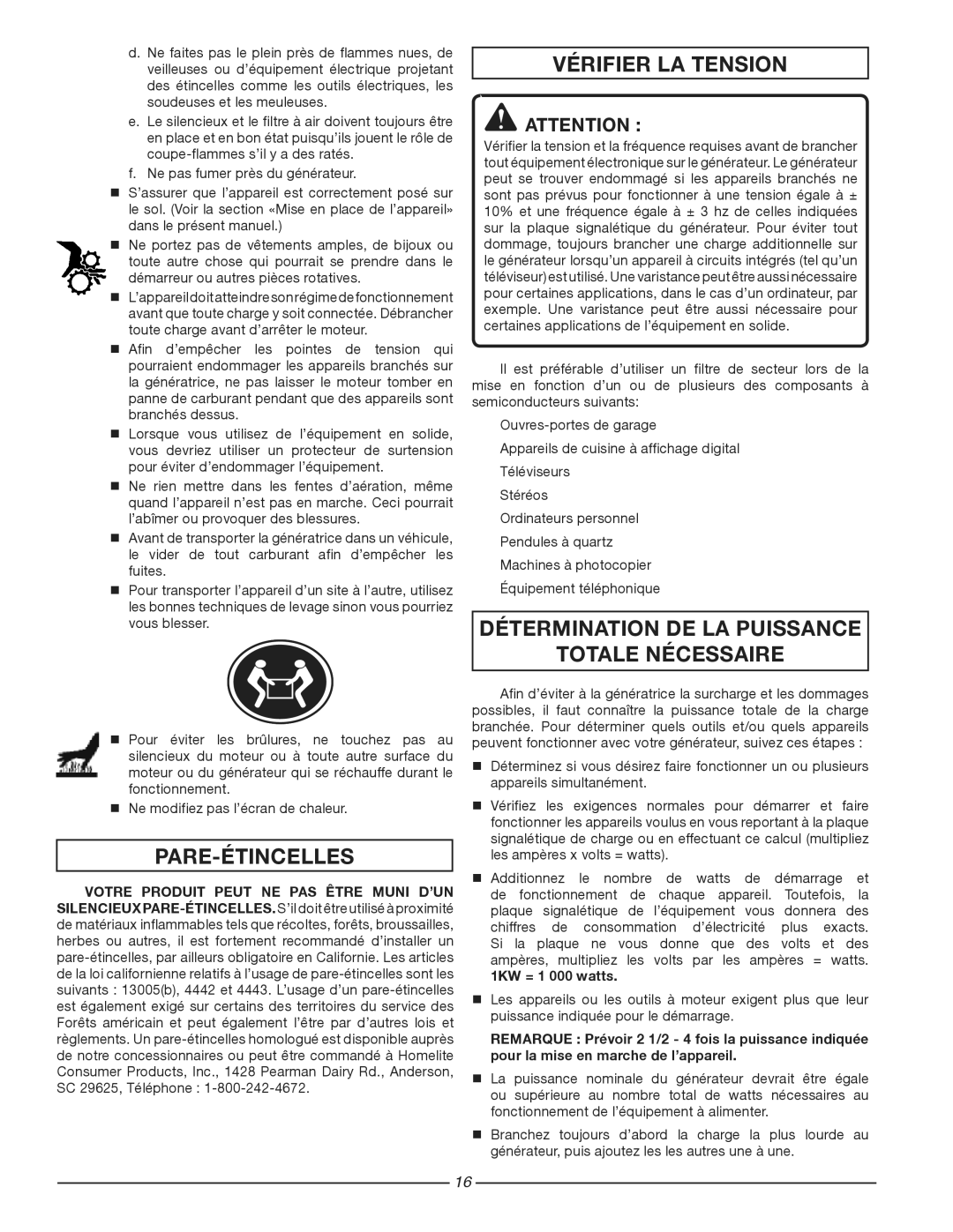 Homelite HG3510 Pare-Étincelles, Vérifier LA Tension, Détermination DE LA Puissance Totale Nécessaire, 1KW = 1 000 watts 