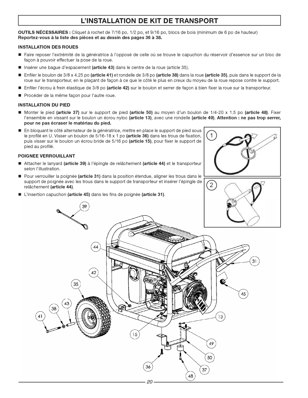 Homelite HG3510 ’INSTALLATION DE KIT DE Transport, Installation DES Roues, Installation DU Pied, Poignee Verrouillant 