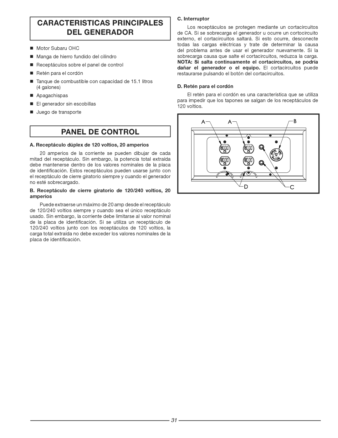 Homelite HG3510 manuel dutilisation Caracteristicas Principales DEL Generador, Panel DE Control, Interruptor 