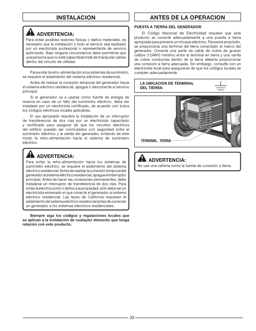 Homelite HG3510 Instalacion, Antes DE LA Operacion, Puesta a Tierra DEL Generador, LA Ubicacion DE Terminal DEL Tierra 