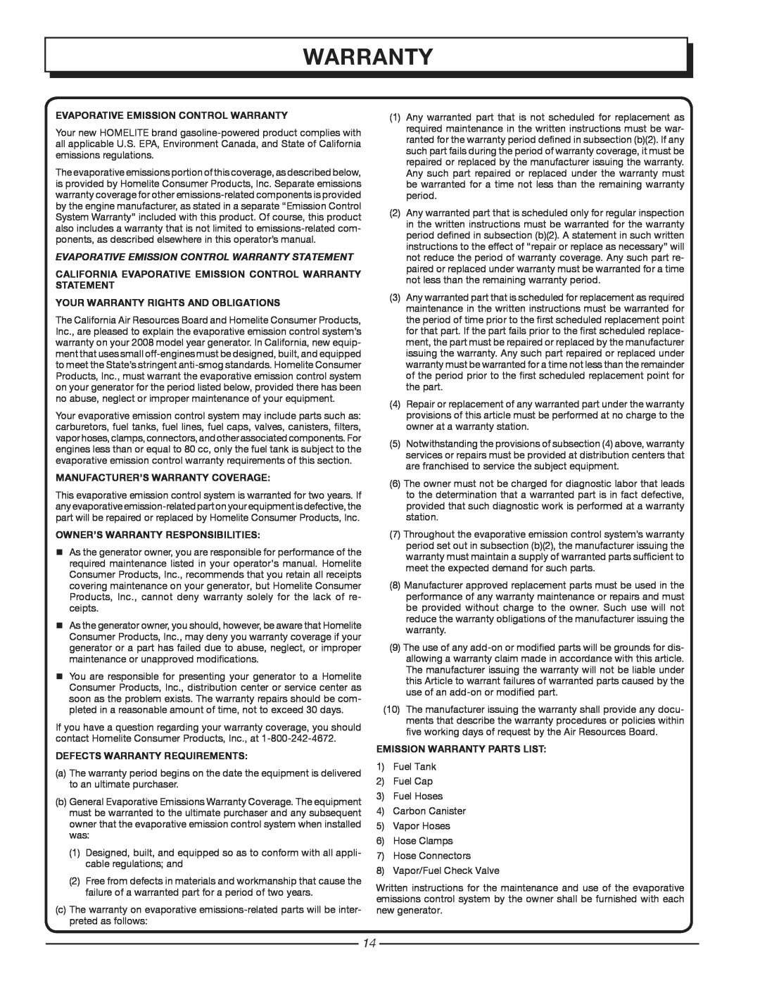 Homelite HG3510 Evaporative Emission Control Warranty Statement, Your Warranty Rights And Obligations 